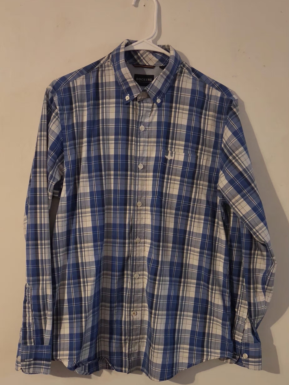 Dockers Men's Blue and White Plaid Button-Down Shirt